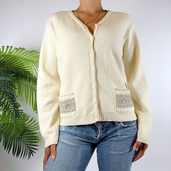 Vintage 90s Cream Floral Cottagecore Wool Knit Grandma Sweater Cardigan / Large - Picture 4 of 5